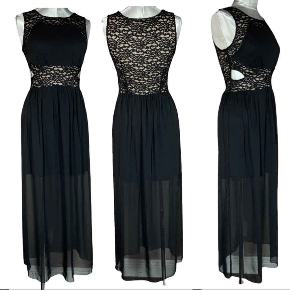 Black evening sheer lace maxi dress